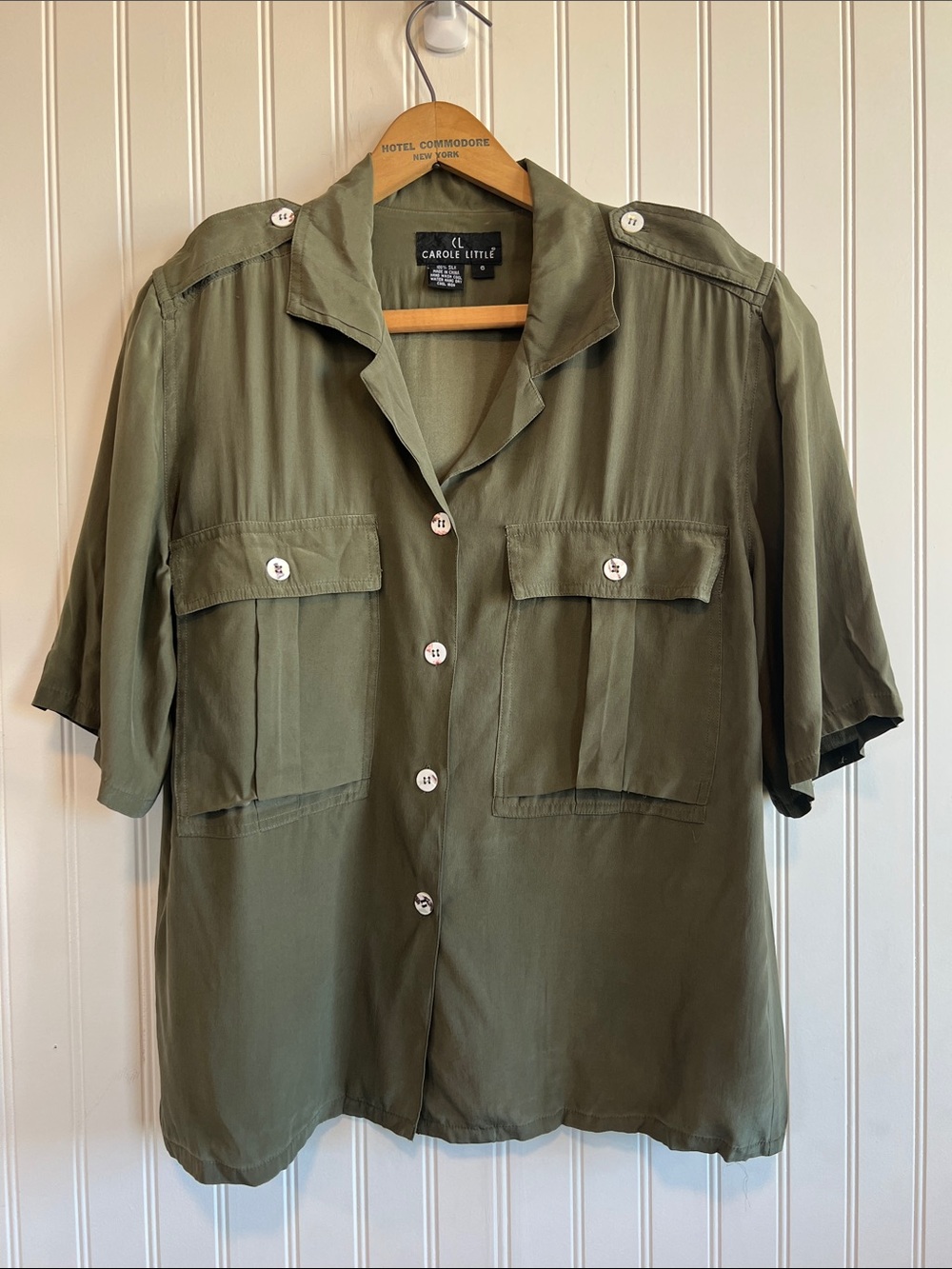 Carole Little Military-Style Olive Short Sleeve Utility Shirt Jacket silk size 6